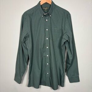 Eddie Bauer Wrinkle Resistant Relaxed Fit LS Check Shirt-Green-Men Large Tall